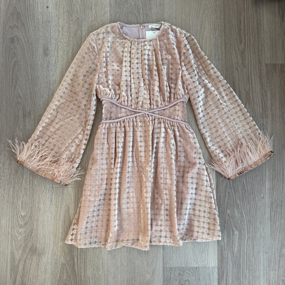 NWT Retro Elegant Pink Dress with Feather Sleeves and Velvet Print